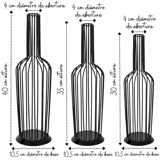 Kit 3 Porta-Rolhas Aramados em Formato Garrafa de Vinho - Preto e Dourado