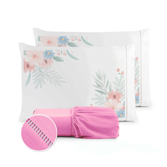 Jogo de Lençol Micropercal 400 Fios Ponto Palito Fronha Estampada