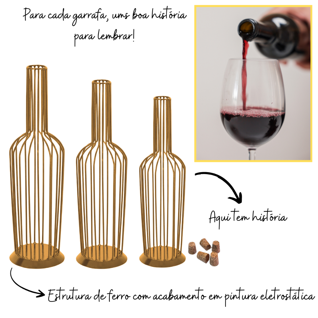 Kit 3 Porta-Rolhas Aramados em Formato Garrafa de Vinho - Preto e Dourado