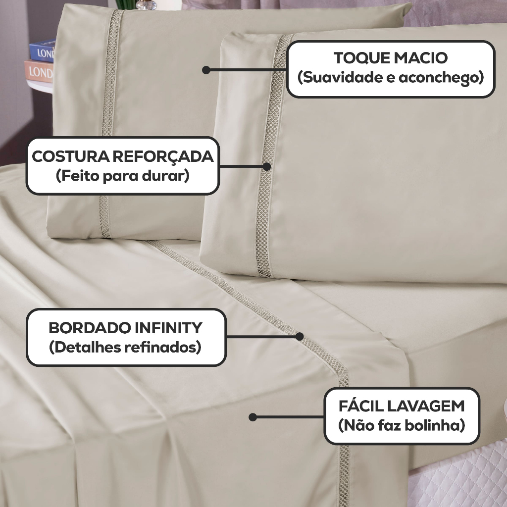 Kit Jogo de Lençol 400 Fios Casal Luxo Bordado Ponto Infinity - Solteiro, Casal, Queen e King