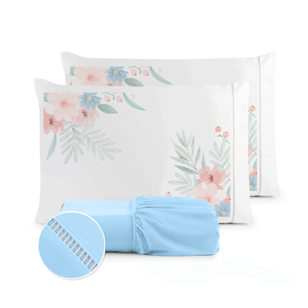 Jogo de Lençol Micropercal 400 Fios Ponto Palito Fronha Estampada