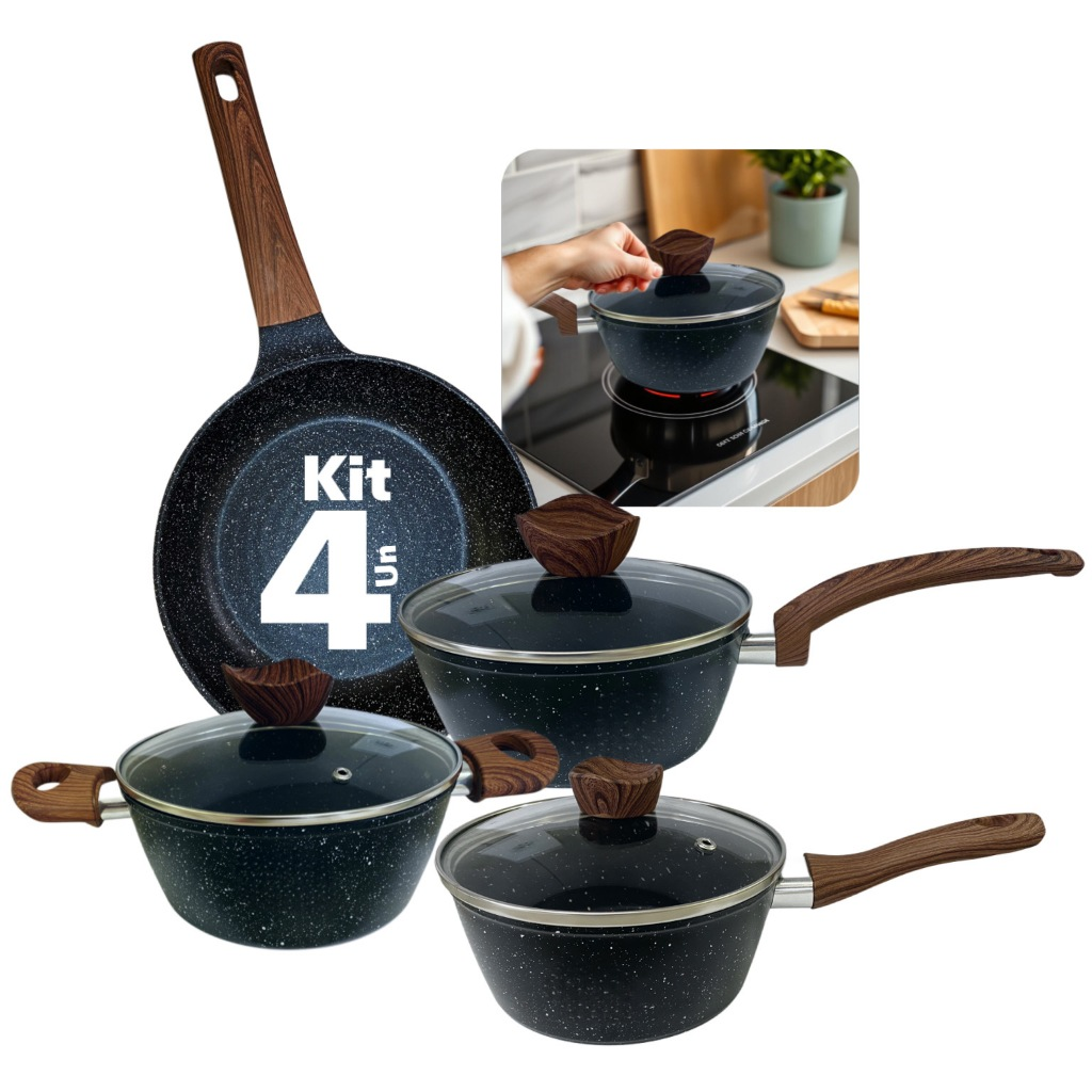 Jogo Panelas Cerâmica Antiaderente Premium com Tampa 4 Peças 