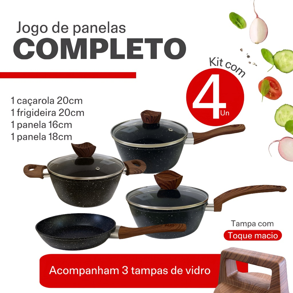 Jogo Panelas Cerâmica Antiaderente Premium com Tampa 4 Peças 