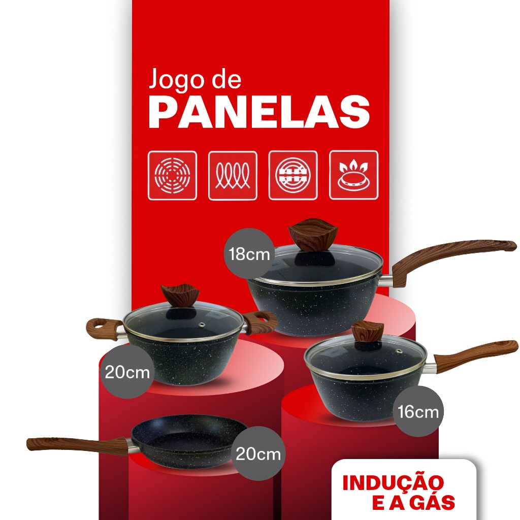 Jogo Panelas Cerâmica Antiaderente Premium com Tampa 4 Peças 