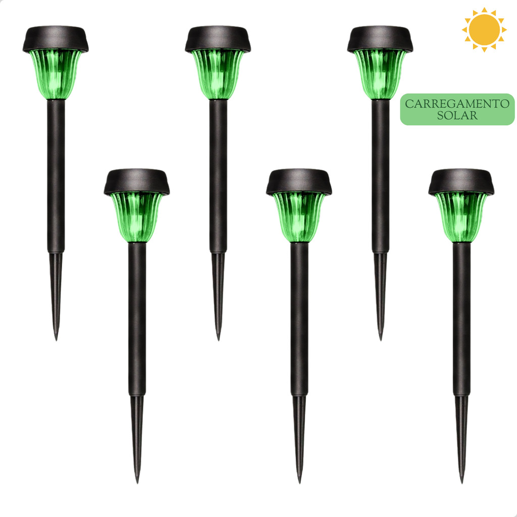 Kit 6 Luminárias Espeto Luz Solar Jardim - Luz verde