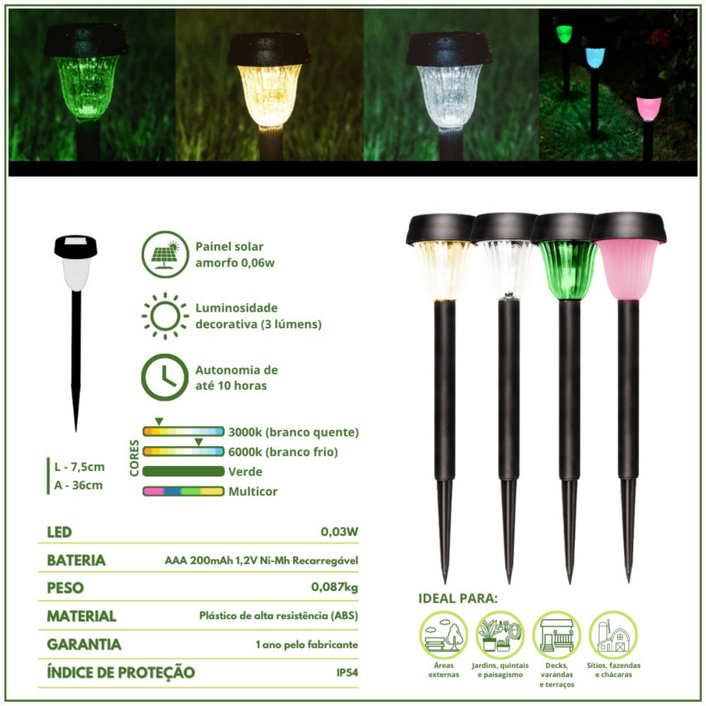 Kit 6 Luminárias Espeto Luz Solar Jardim
