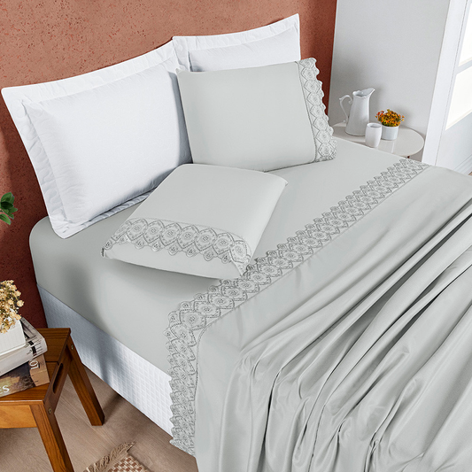 Jogo de Lençol Percal 200 Fios Com Laise Bordado Luxo Nobless - - King/Queen/Casal/Solteiro