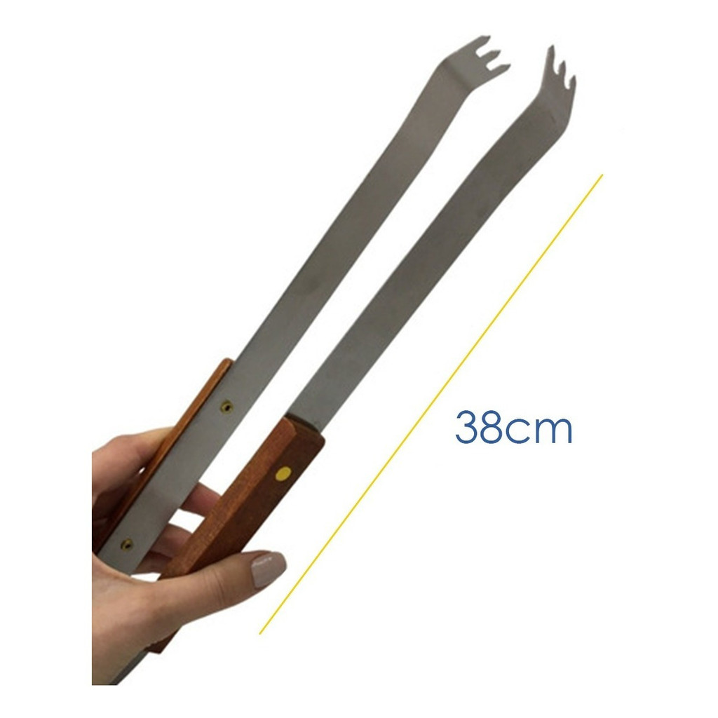 Pegador Para Carne Churrasco Aço Inox E Madeira 38 Cm